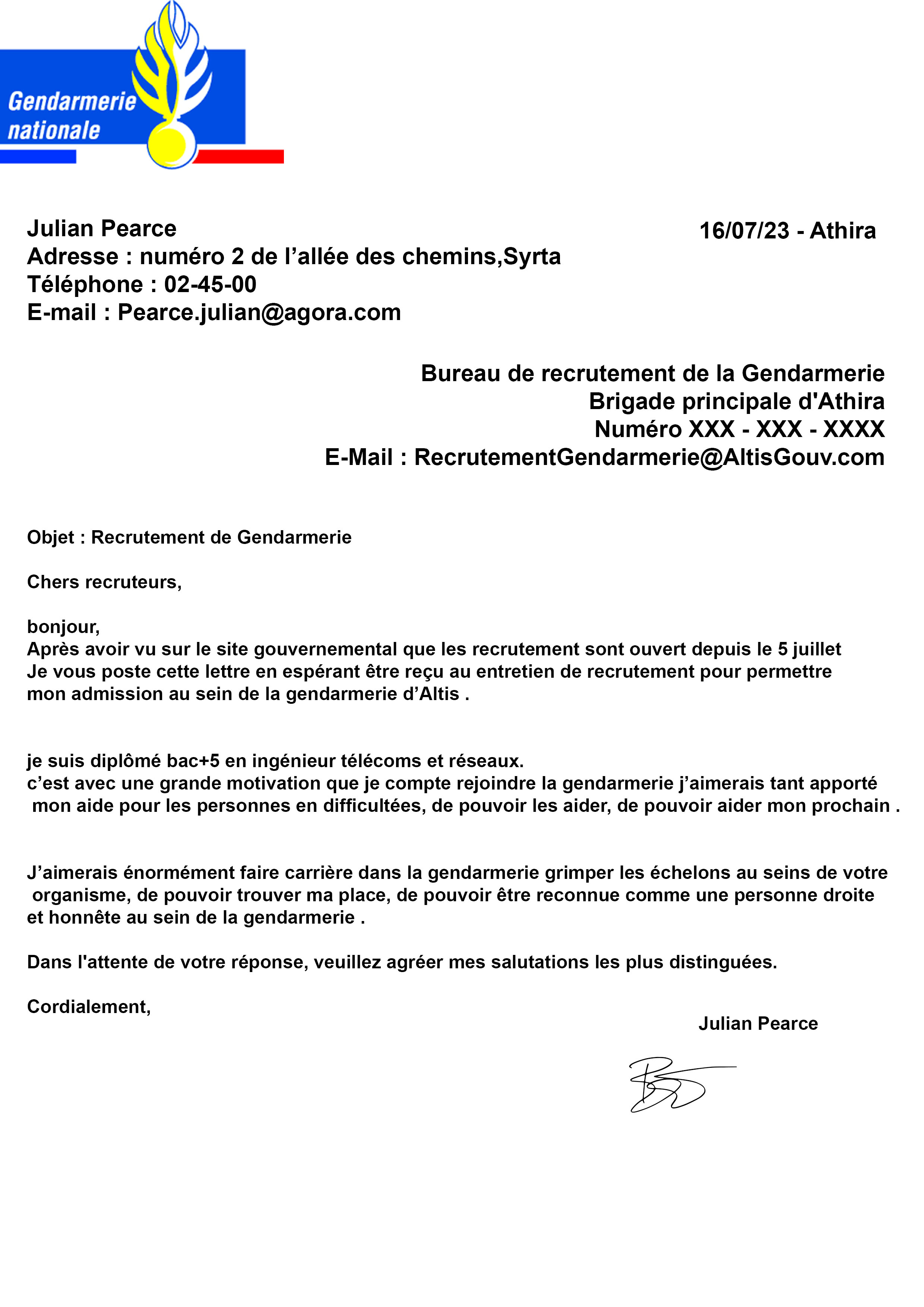 lettre de motivation reserviste gendarmerie